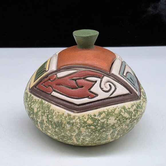 Handmade Ceramic Lidded Jar Abstract Multicolor Patterns & Textures Carved Desig - Picture 7 of 8